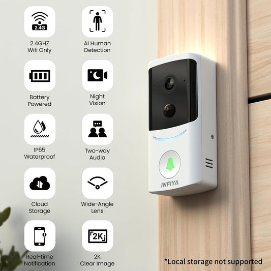 2K Wireless Video Doorbell Camera with Chime — AI Human Detection, Night Vision, Two-Way Audio, IP65 Waterproof
